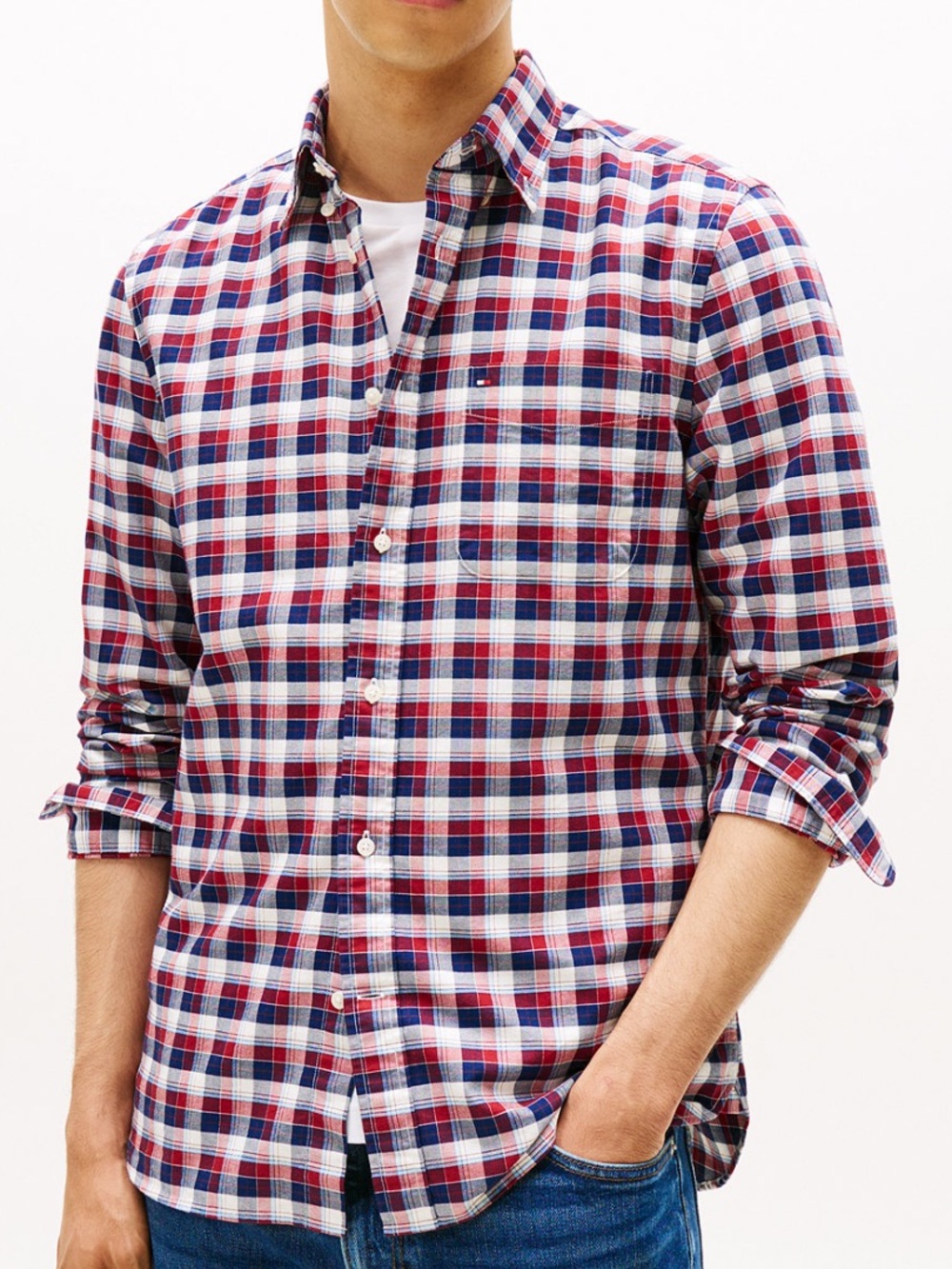 Men's Tommy Hilfiger Red & Blue Plaid Button-Up Shirt.
